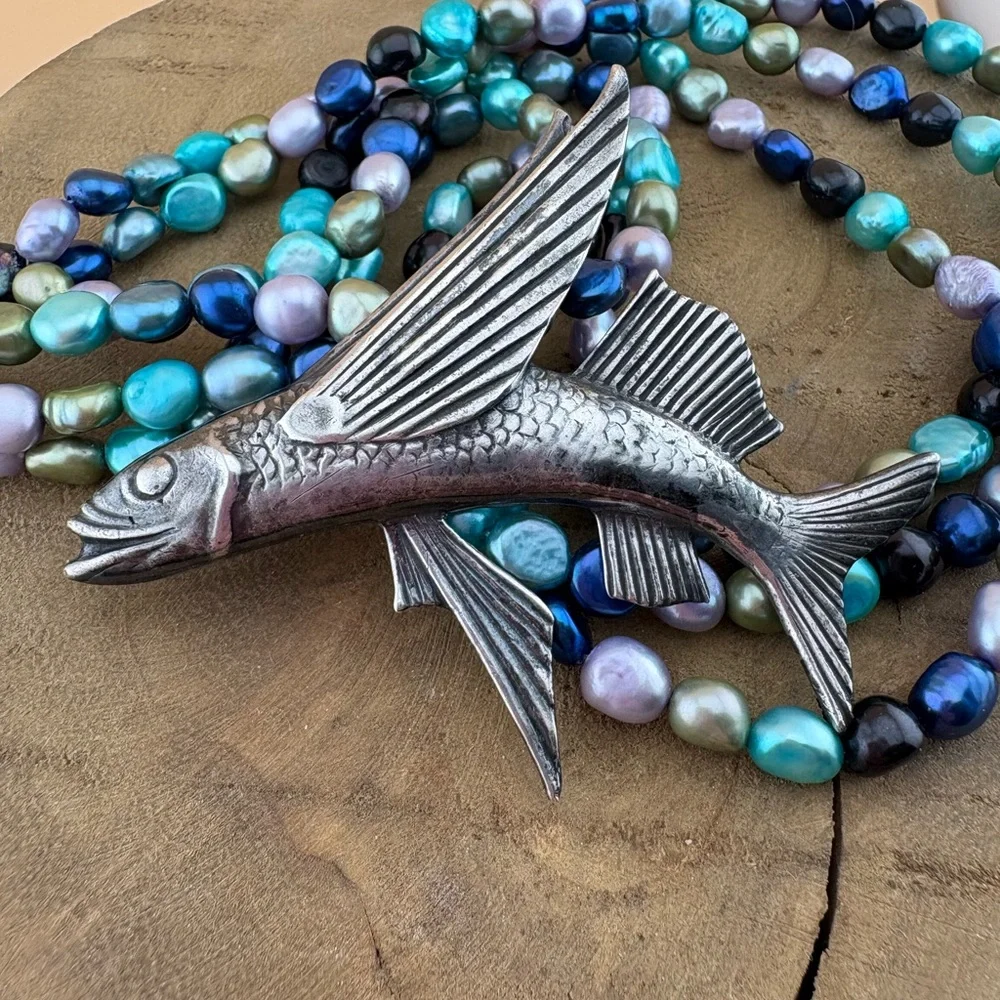 🌺 Vintage Ming’s Sterling Silver Flying Fish Brooch-Large Statement
